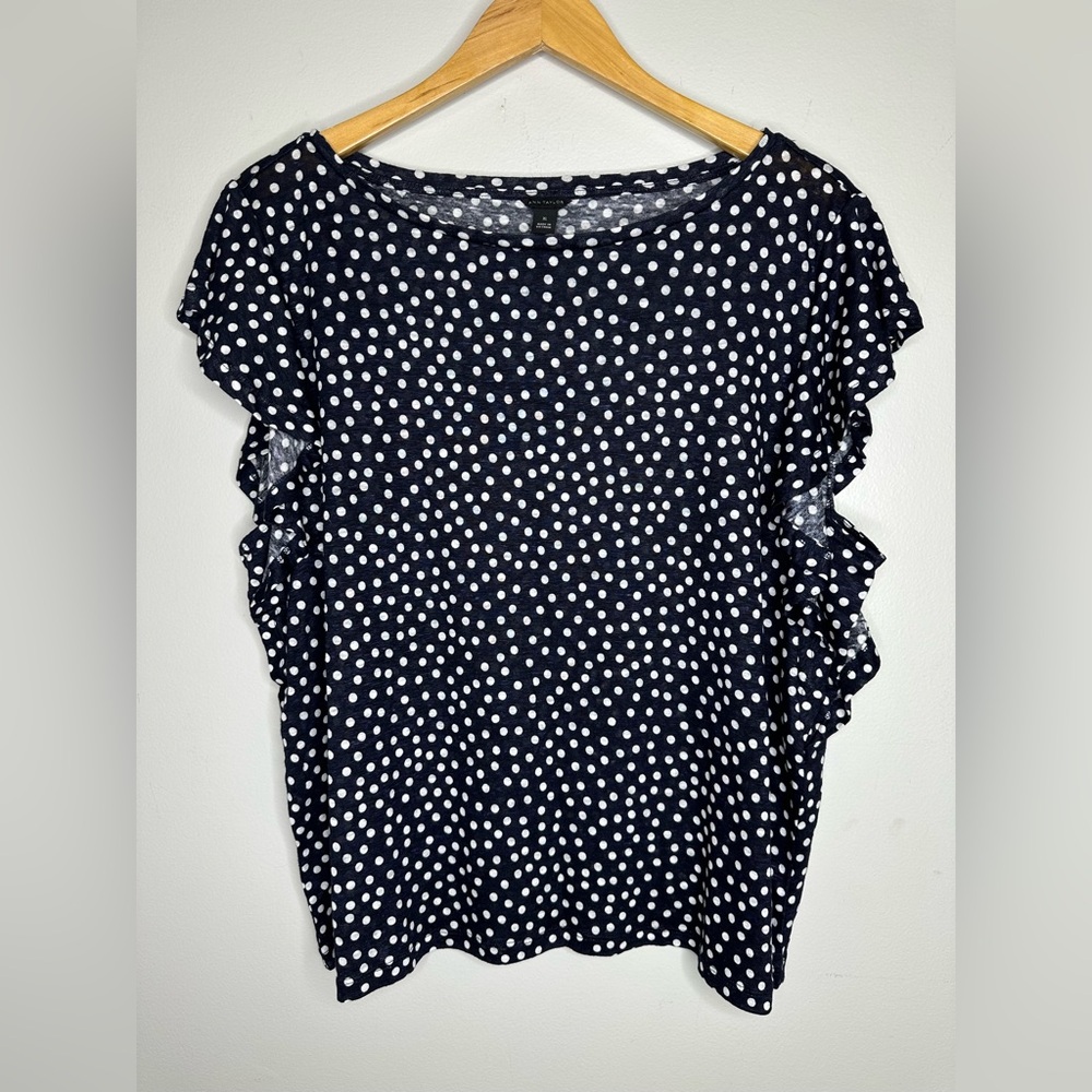 Ann Taylor black polkadot ruffle sleeve  blouse